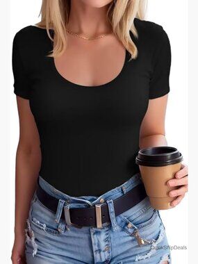 Scoop Neck Ribbed Slim Fit T-Shirt Short Sleeve Summer Top